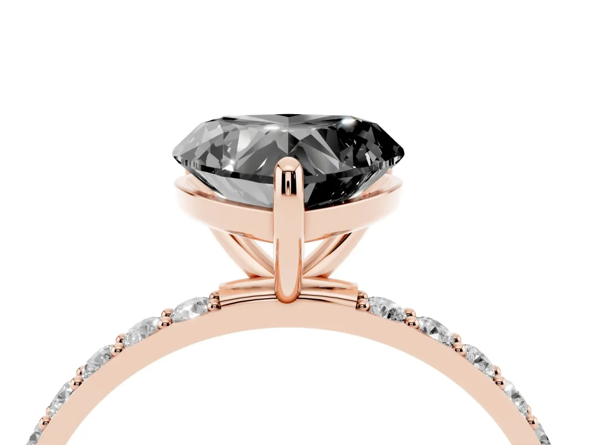 Fancy Black Heart Cut Diamond Solitaire Ring with Round Pavé Band and Prong Setting Rose gold