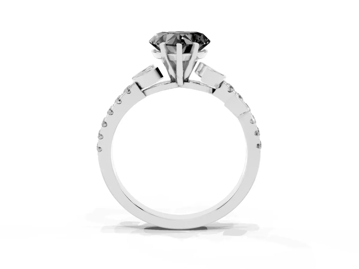 Fancy Black Heart Cut Solitaire Leaf-Inspired Diamond Ring with Pavé Band and Four-Prong Setting Silver