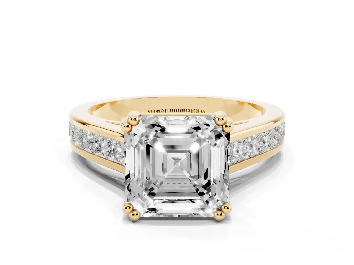 Asscher Cut Cut Channel Set Solitaire Engagement Ring with Prong Setting Yellow gold