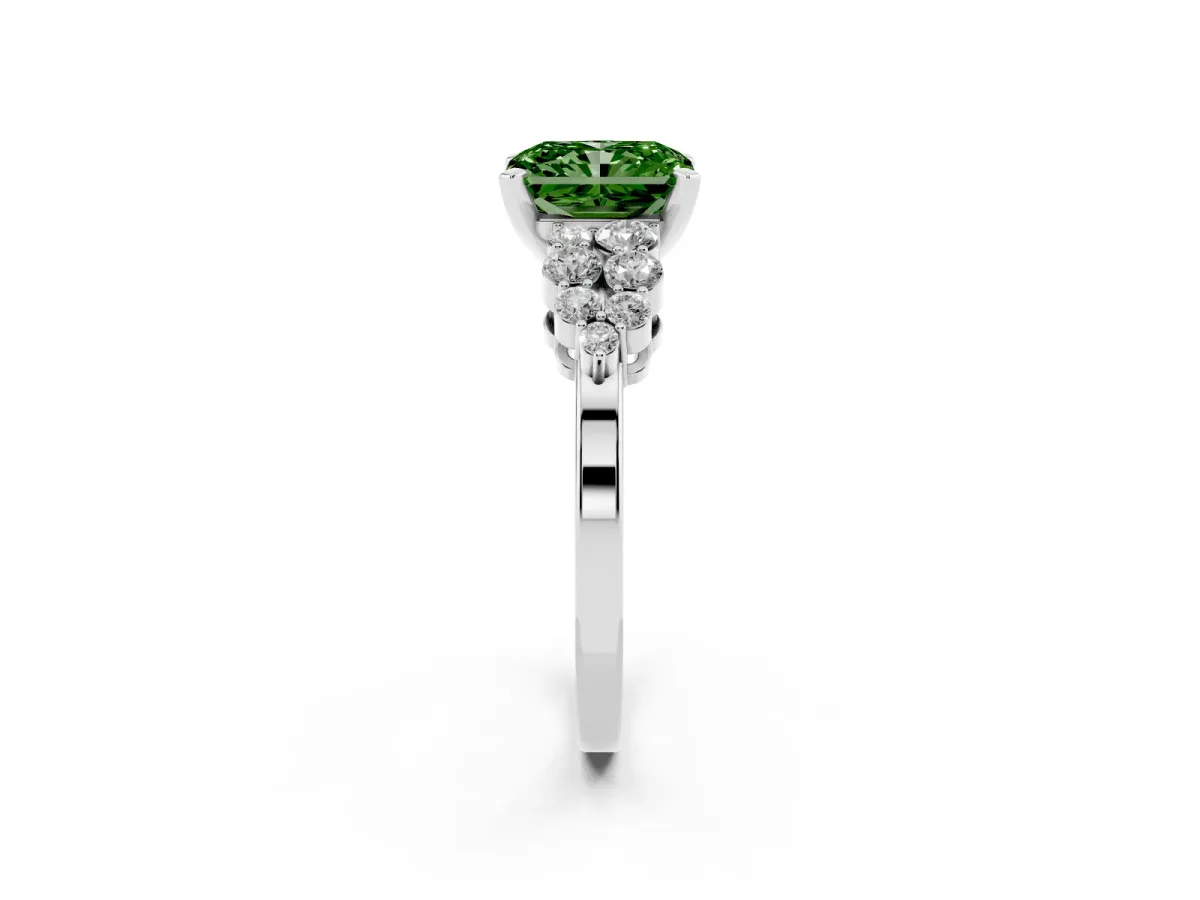 Fancy Green Radiant Cut Cluster Diamond Engagement Ring with Pavé Band and Four-Prong Setting Platinum