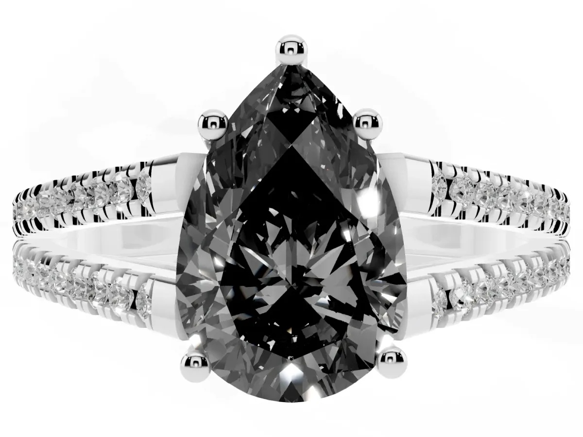 Fancy Black Pear Cut Diamond Solitaire Engagement Ring with Split Shank Pavé Band Platinum
