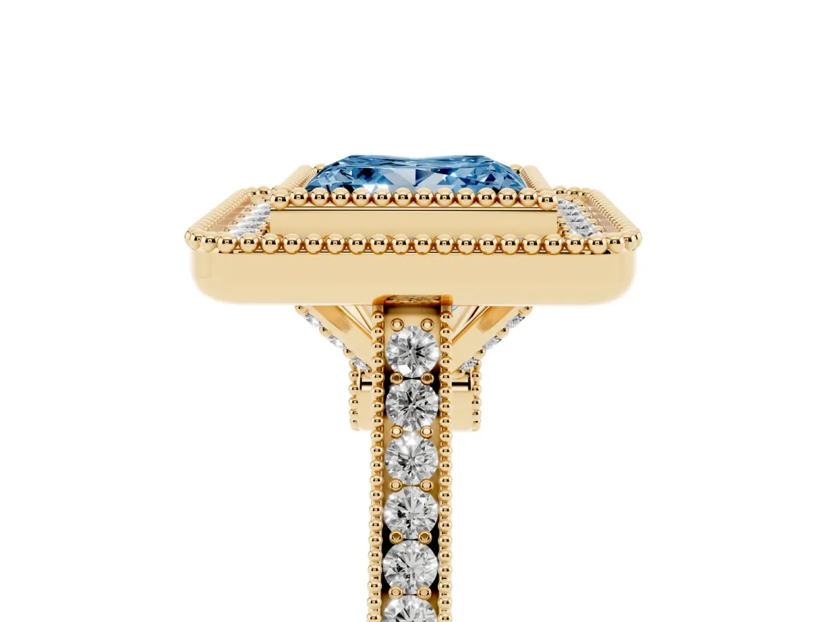 Fancy Blue Princess Cut Diamond Halo Ring with Milgrain Frame and Pavé Band Yellow gold