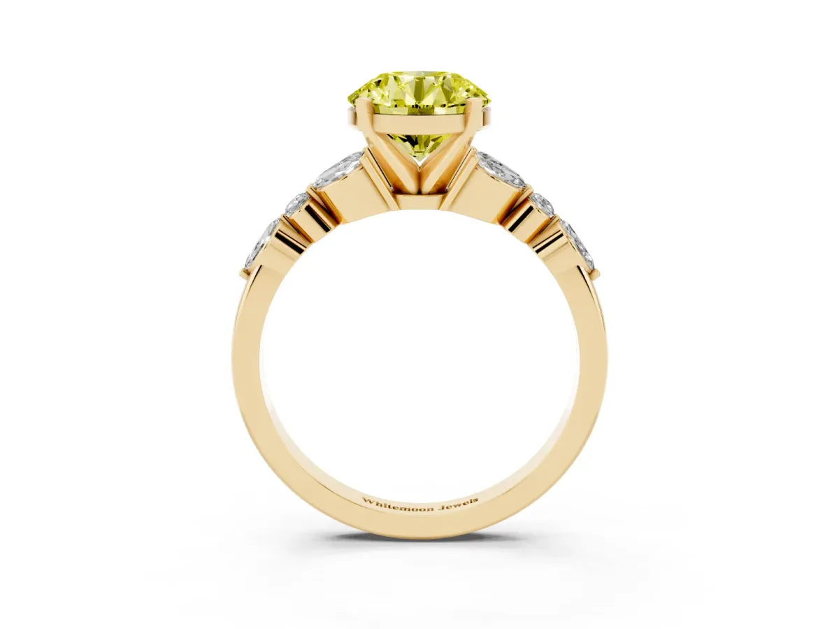 Fancy Yellow Round Cut Diamond Solitaire Ring with Side Stones and Four-Prong Setting Yellow gold