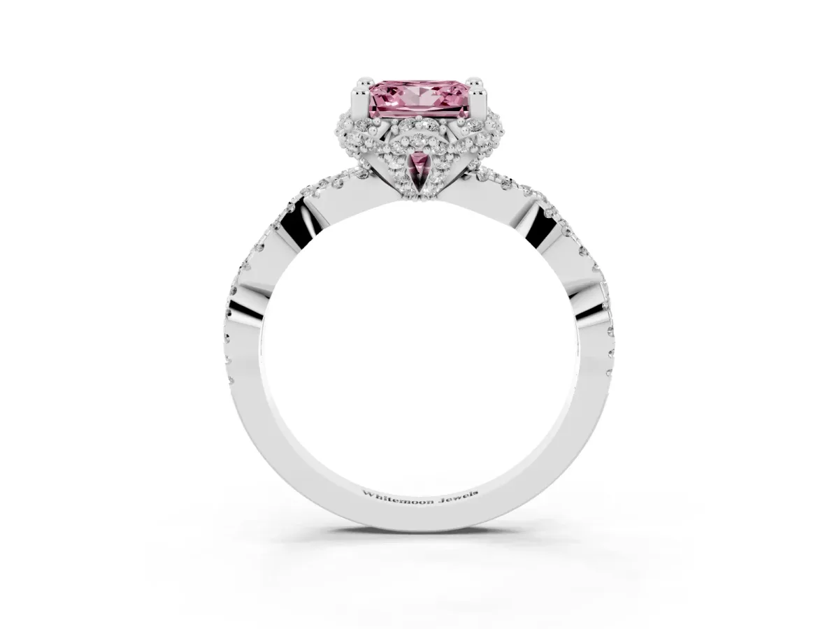 Fancy Pink Princess Cut Halo Twist Band Solitaire Ring with Six-Prong Setting Silver