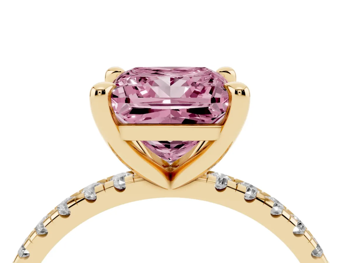 Fancy Pink Princess Cut Diamond Brilliant Solitaire Ring with Pavé Band and Four-Prong Setting Yellow gold