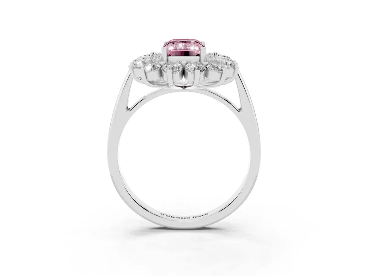 Fancy Pink Emerald Cut Diamond Floral Double Halo Engagement Ring with Prong Setting White gold