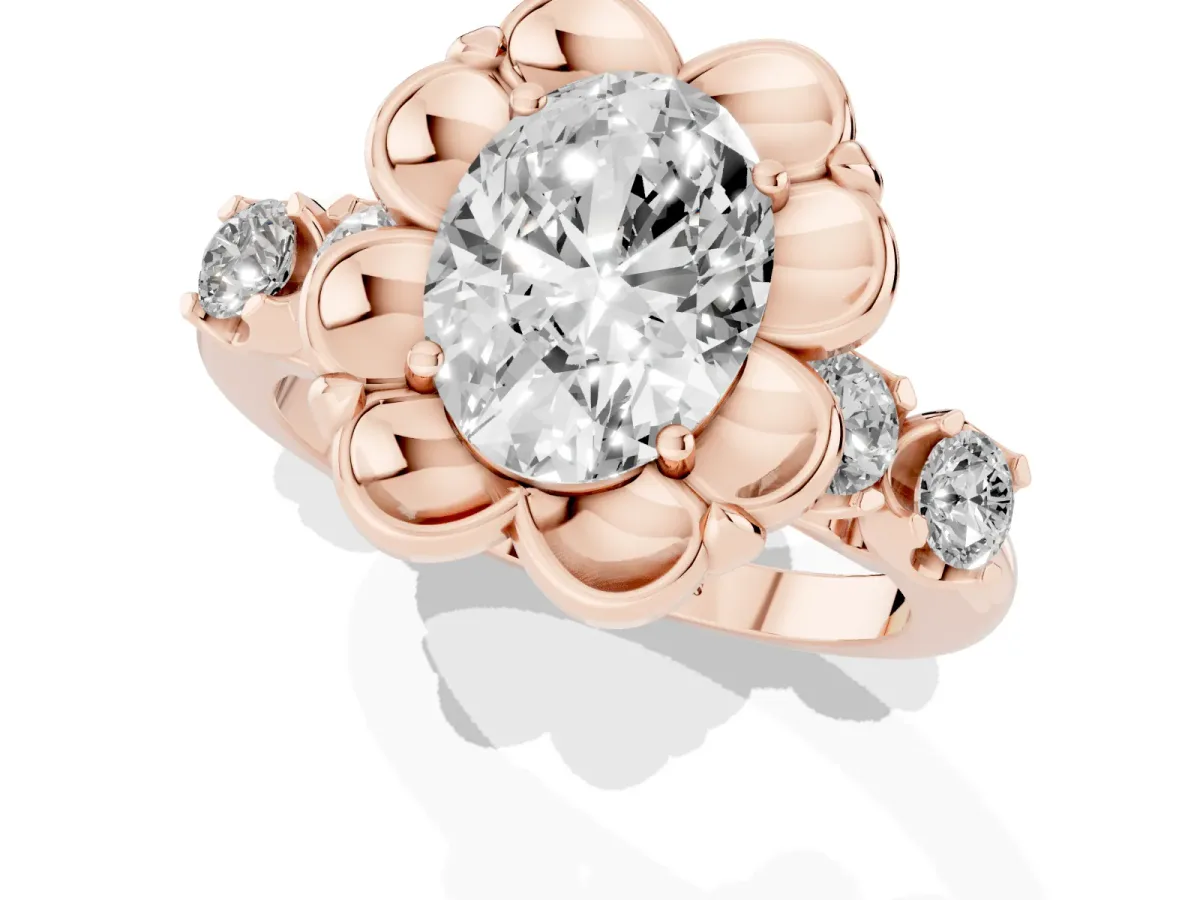 Oval Cut Cut Diamond Floral Halo Engagement Ring with Shared Prong Setting Rose gold