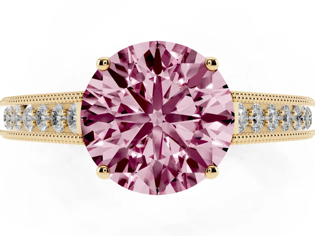 Fancy Pink Round Cut Cut Pave Band Milgrain Solitaire Ring Yellow gold