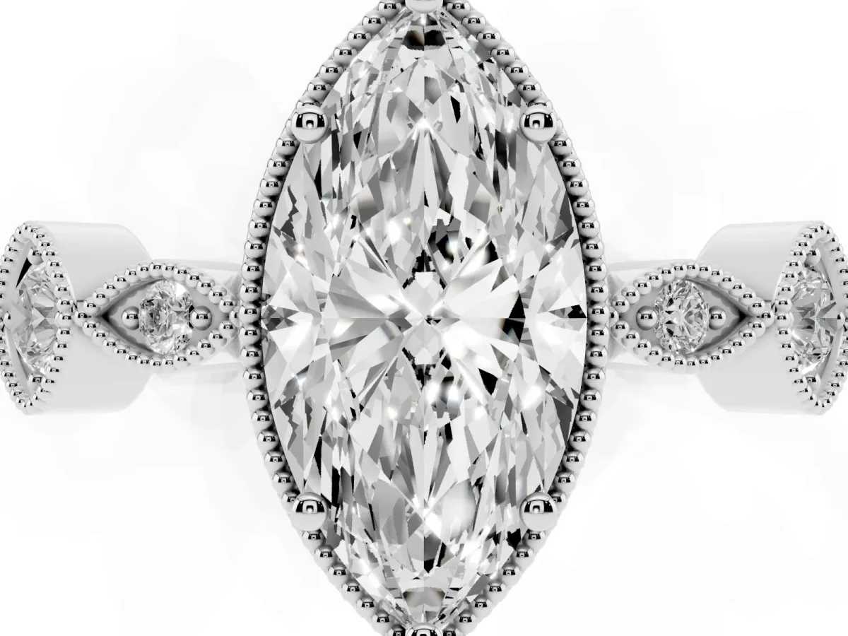 Marquise Cut Diamond Vintage Milgrain Ring with Round Stations Silver