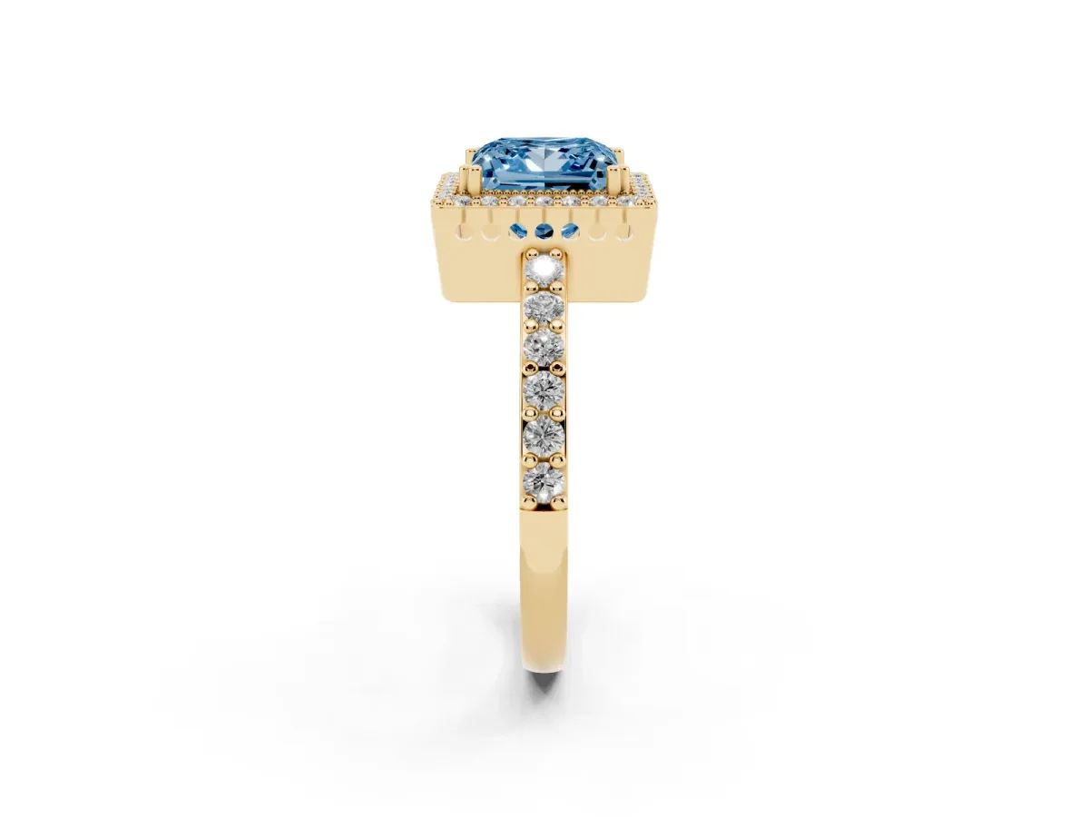 Fancy Blue Princess Cut Cut Diamond Halo Engagement Ring with Milgrain Detail and Pavé Band Yellow gold