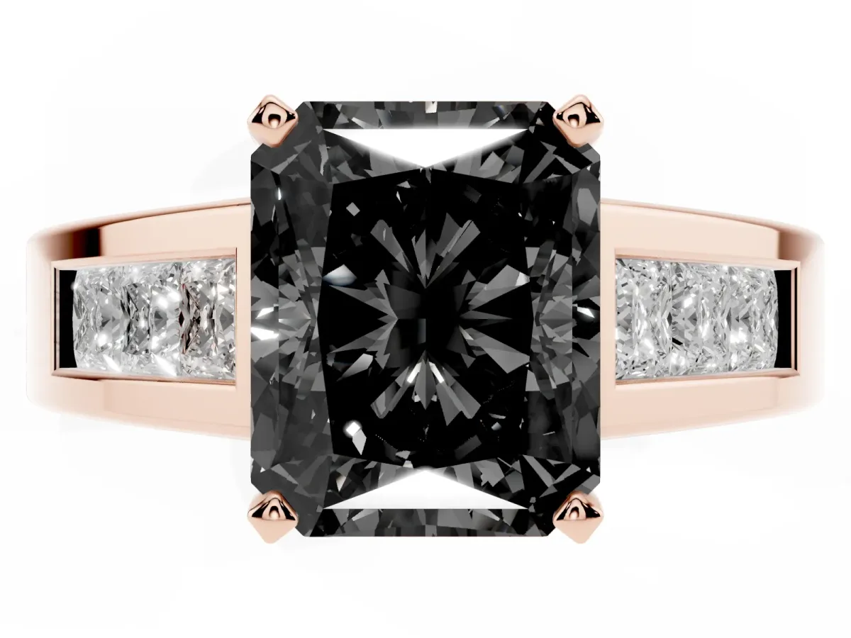 Fancy Black Radiant Cut Cut Channel Set Solitaire Ring with Four-Prong Setting Rose gold