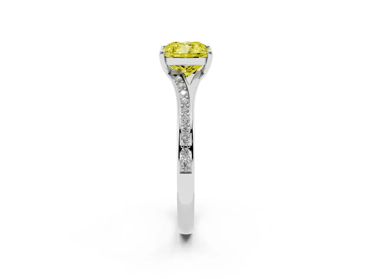 Fancy Yellow Cushion Cut Diamond Solitaire Ring with Pavé Band and Prong Setting Silver