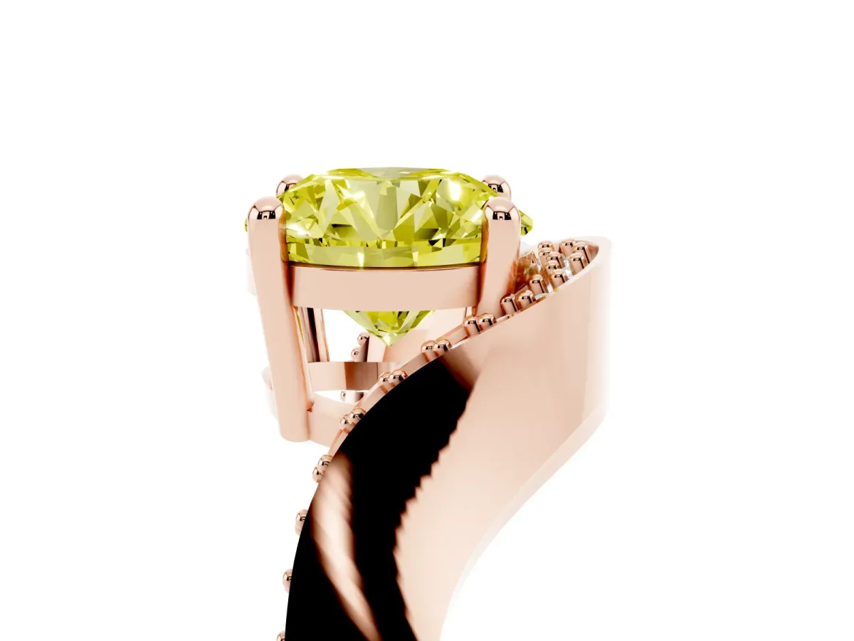 Fancy Yellow Round Cut Solitaire Diamond Engagement Ring with Pave Band and Four-Prong Setting Rose gold