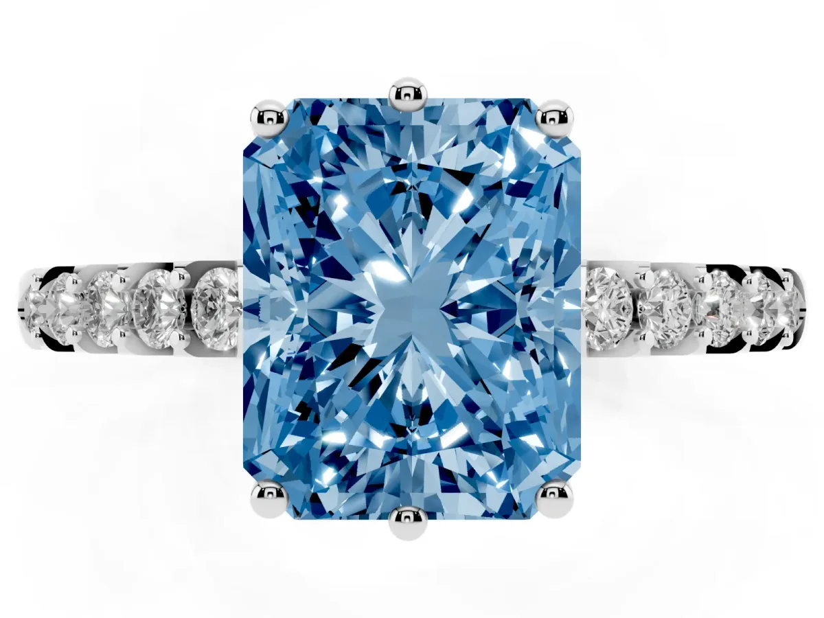 Fancy Blue Radiant Cut Solitaire Diamond Engagement Ring with Pavé Band and Six-Prong Setting Silver
