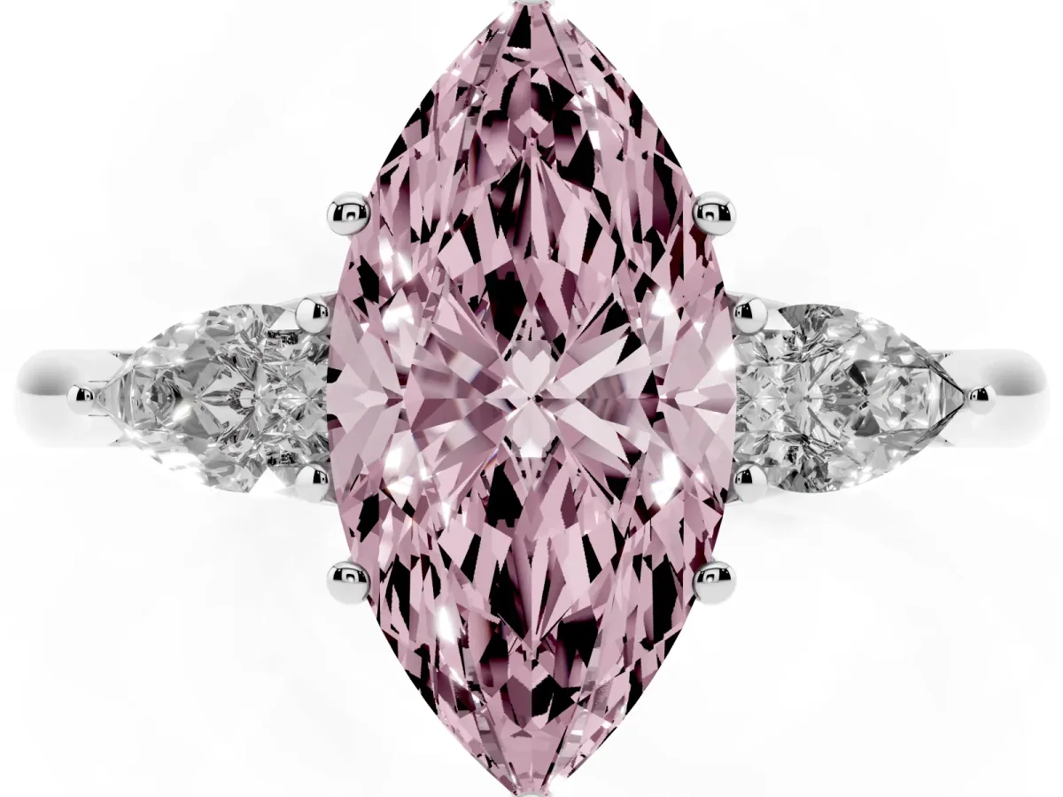 Fancy Pink Marquise Cut Diamond Three-Stone Ring with Pear Side Stones and Prong Setting Silver