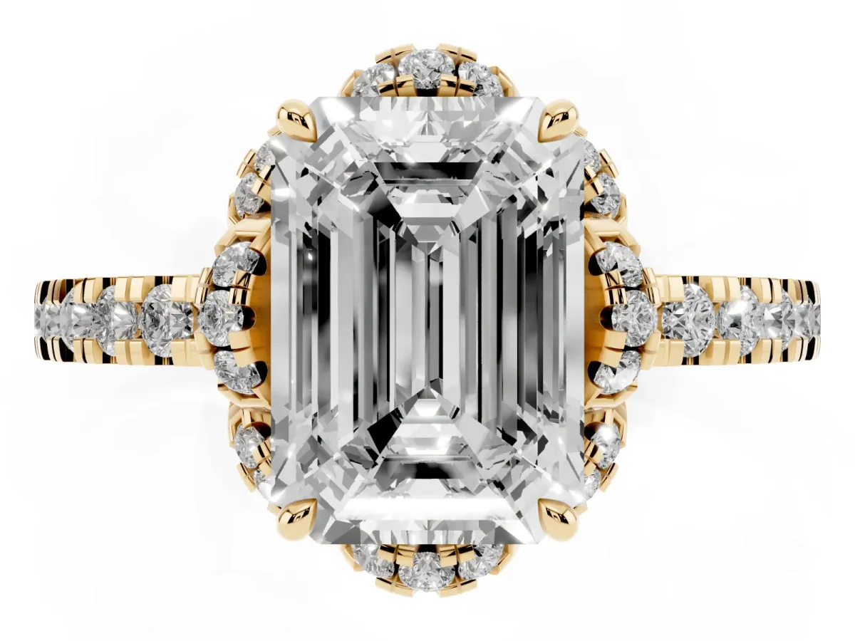 Emerald Cut Halo Diamond Pave Band Ring with Four-Prong Setting Yellow gold