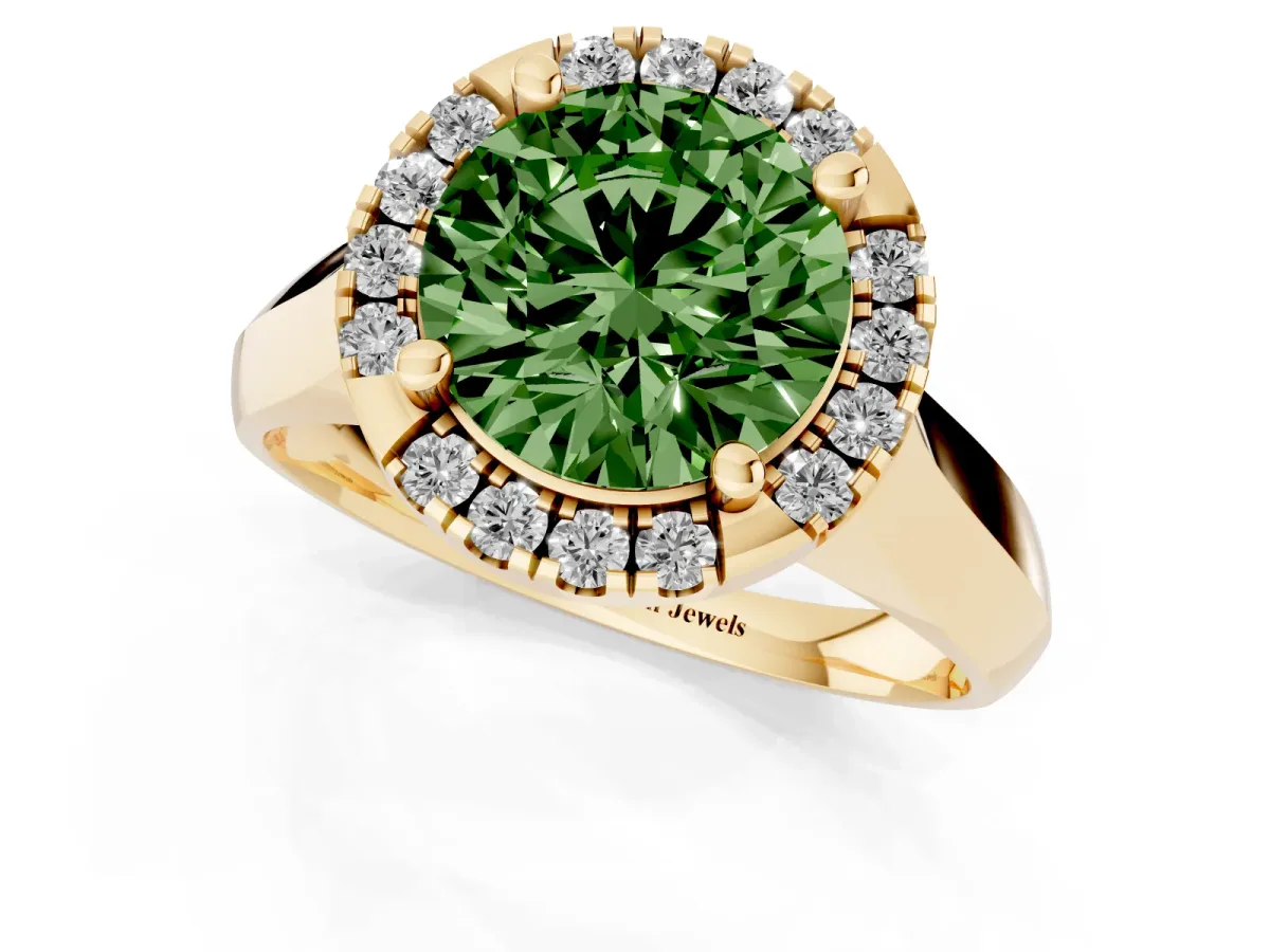 Fancy Green Round Cut Cut Halo Solitaire Engagement Ring with Square Band and Four-Prong Setting Yellow gold
