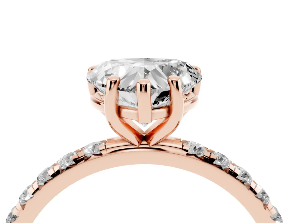 Heart Cut Cut Diamond Solitaire Ring with Micro Pave Band and Four Prong Setting Rose gold