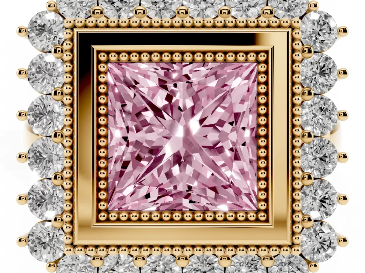Fancy Pink Princess Cut Halo Diamond Ring with Milgrain Edge and Round Prong Setting Yellow gold