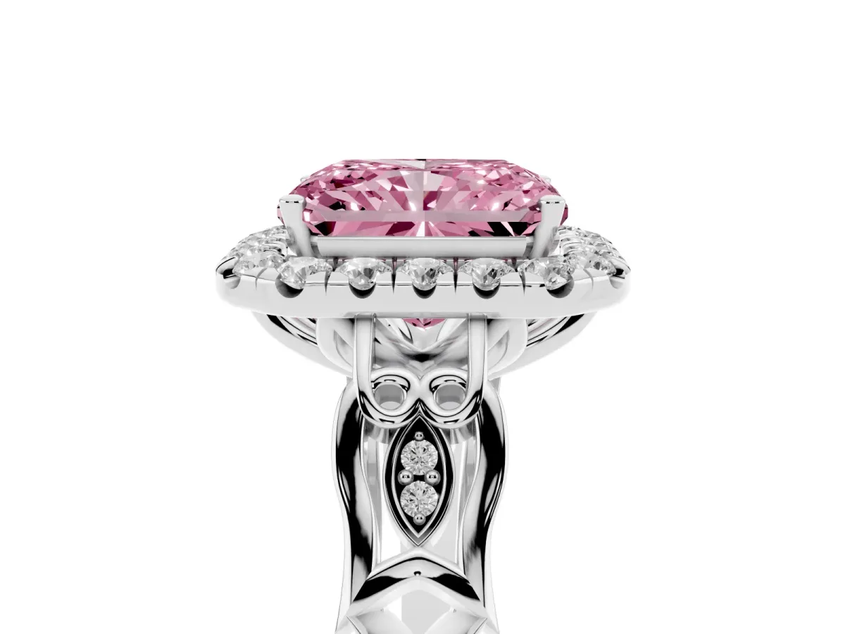 Fancy Pink Radiant Cut Halo Diamond Engagement Ring with Filigree Band and Four-Prong Setting Platinum