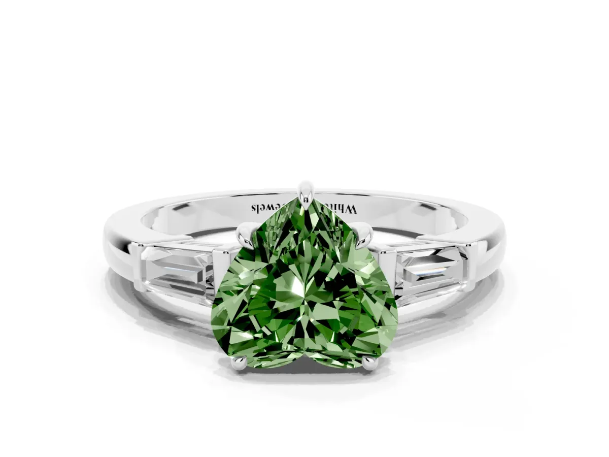 Fancy Green Heart Cut Diamond Three-Stone Ring with Tapered Baguette Side Stones and Prong Setting Platinum