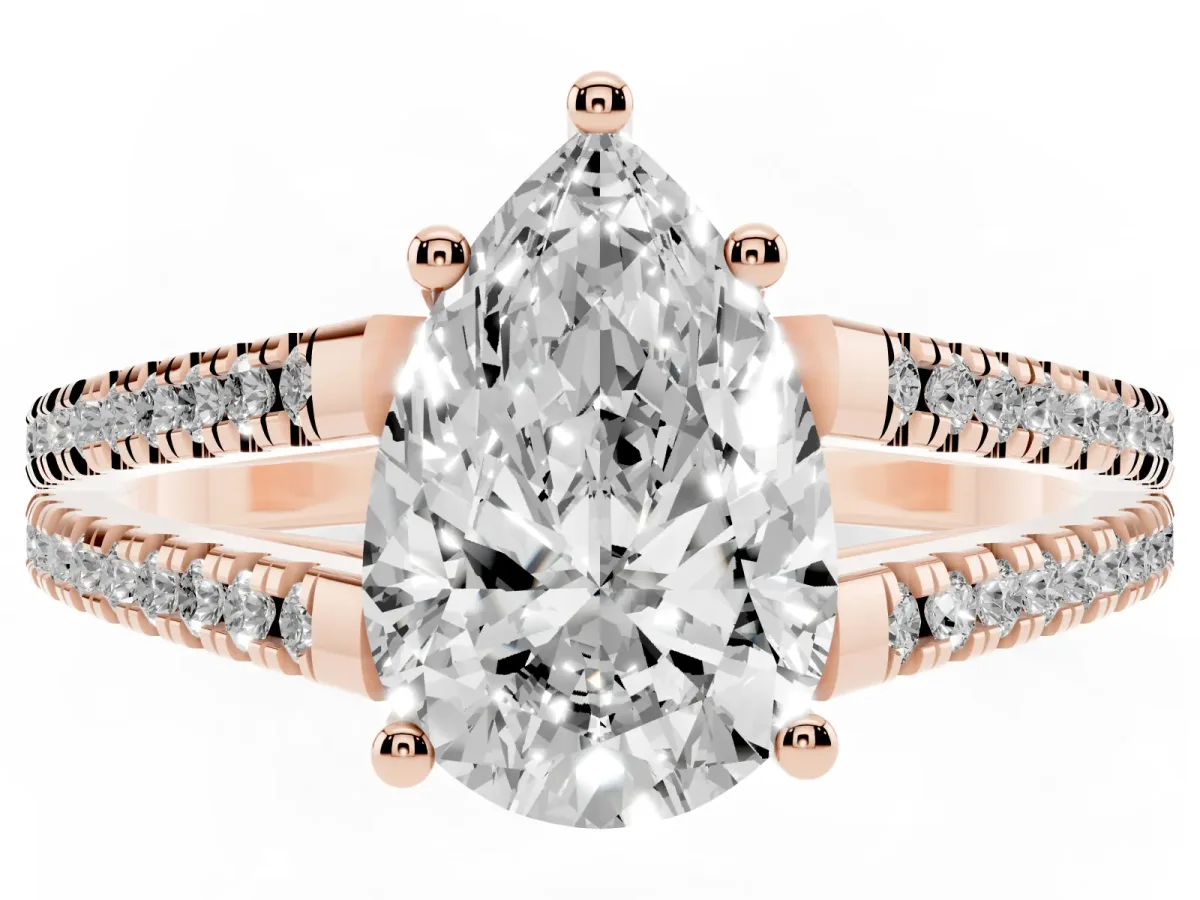 Pear Cut Diamond Solitaire Engagement Ring with Split Shank Pavé Band Rose gold