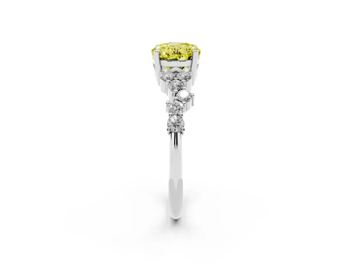 Fancy Yellow Oval Cut Diamond Scattered Round Accent Ring with Prong Setting White gold