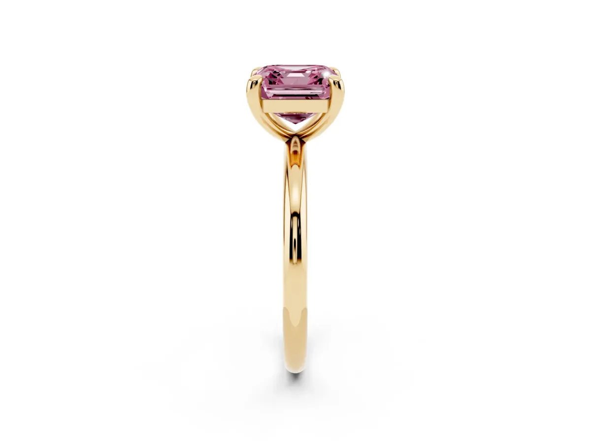 Fancy Pink Asscher Cut Solitaire Diamond Ring with Four-Prong Setting on a Plain Band Yellow gold