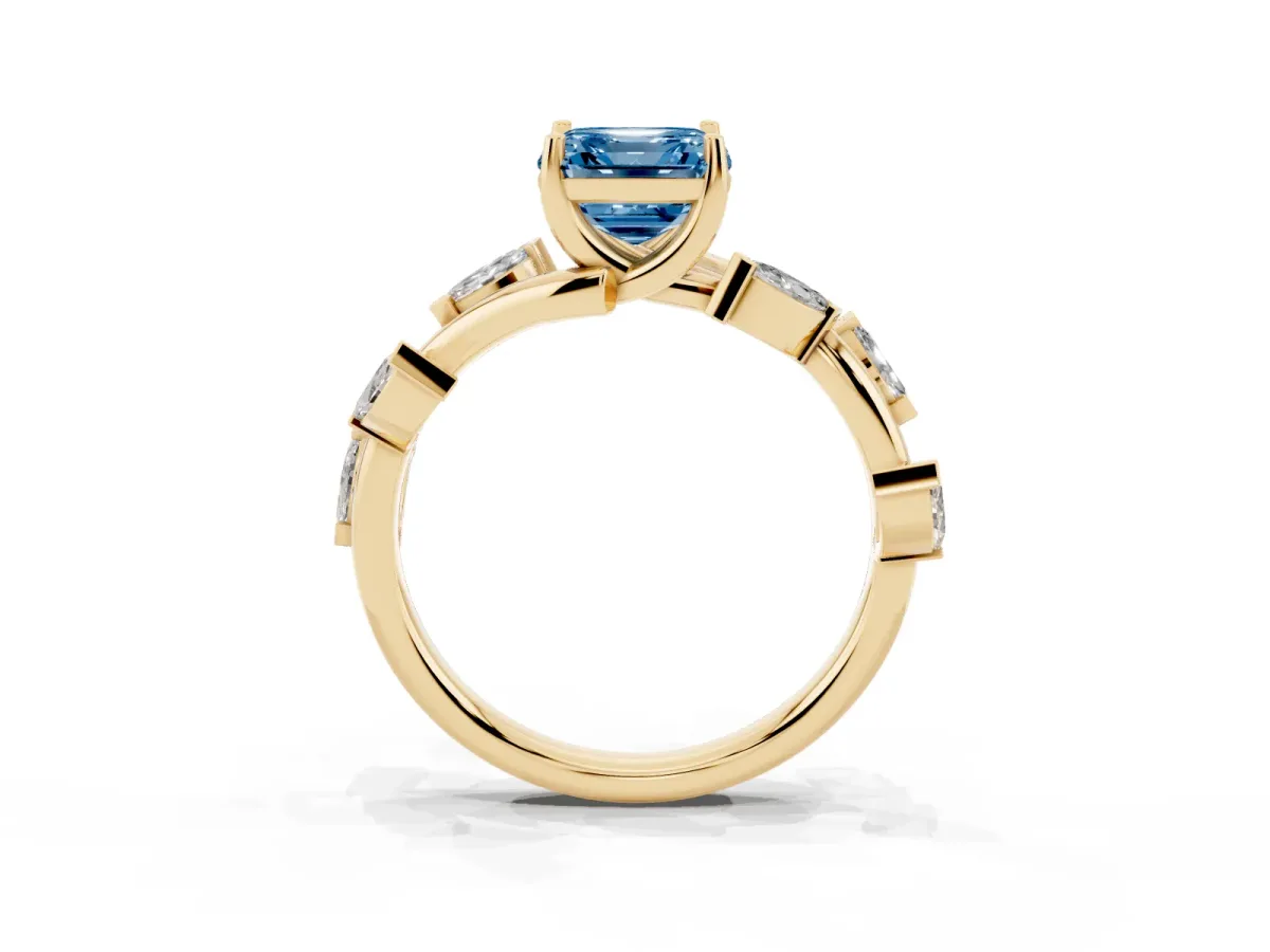 Fancy Blue Asscher Cut Solitaire Twisted Band Marquise Accent Prong Setting Ring Yellow gold