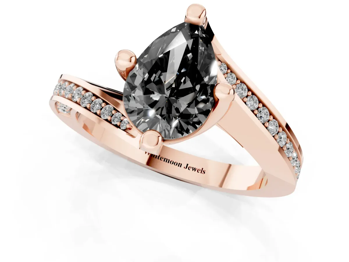 Fancy Black Pear Cut Solitaire Diamond Twist Band with Pavé Setting and Four-Prong Setting Rose gold