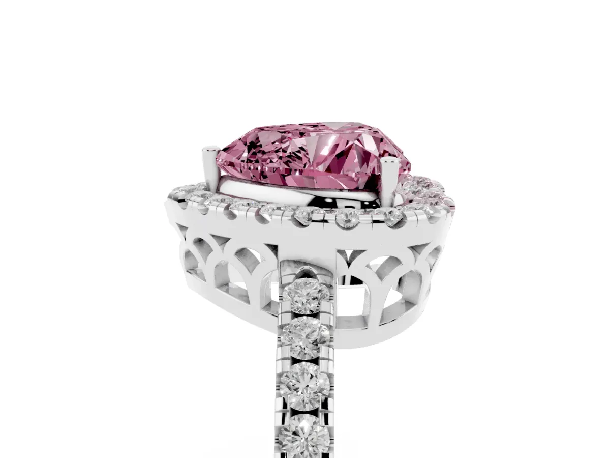 Fancy Pink Heart Cut Halo Diamond Engagement Ring with Pavé Band and Four-Prong Setting Platinum