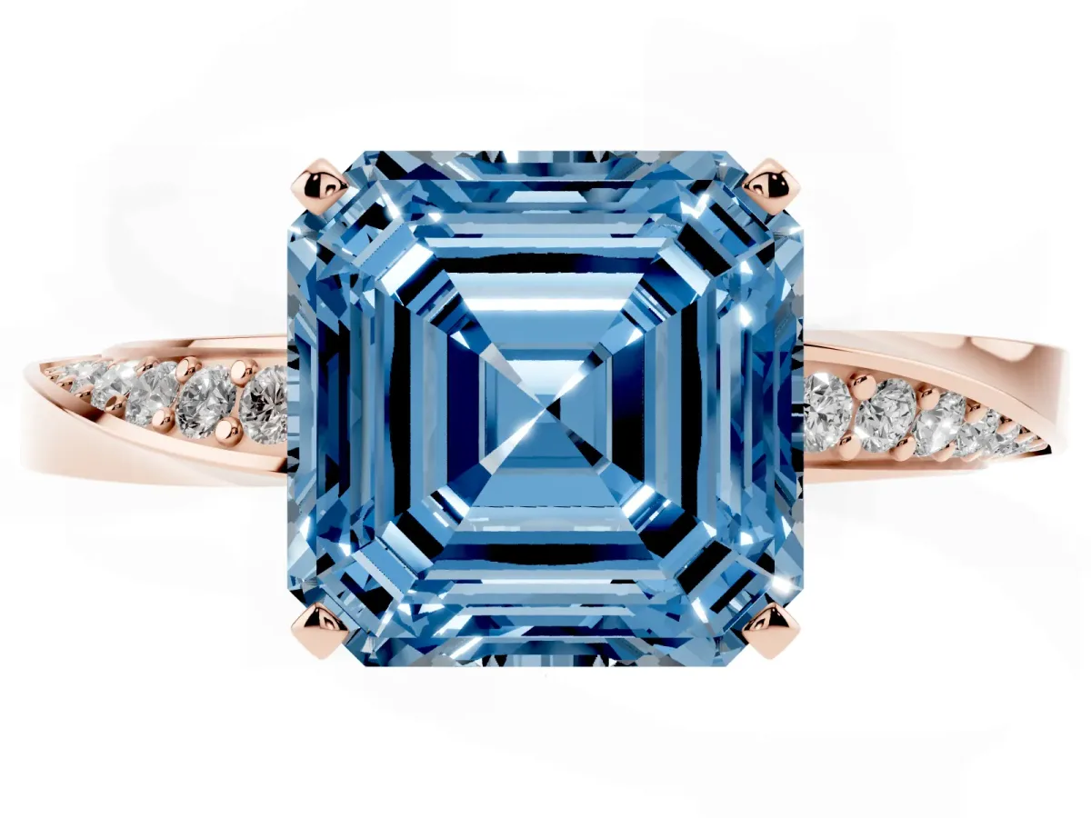 Fancy Blue Asscher Cut Diamond Engagement Ring with Side Stone Accents and Four-Prong Setting Rose gold