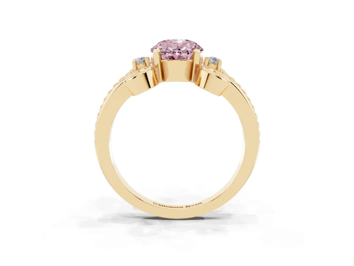 Fancy Pink Oval Cut Solitaire Twisted Band Scroll Prong Ring Yellow gold