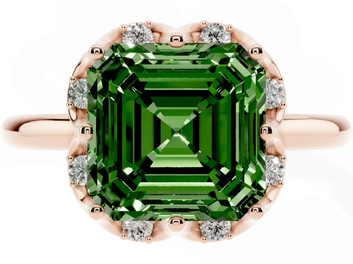 Fancy Green Asscher Cut Halo Diamond Ring with Round Cluster Setting, Solitaire Band, and Four-Prong Setting Rose gold