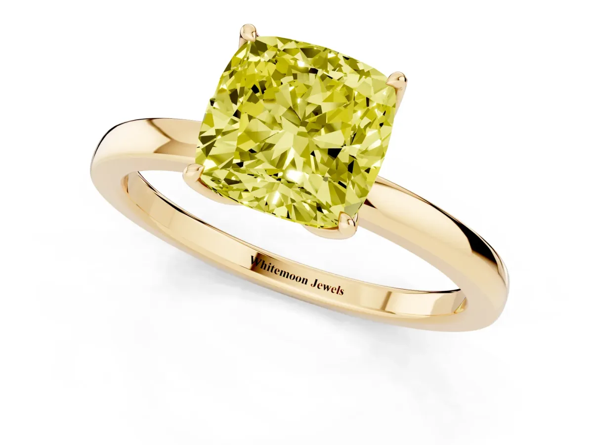 Fancy Yellow Cushion Cut Diamond Solitaire Ring with Thin Band and Prong Setting Yellow gold