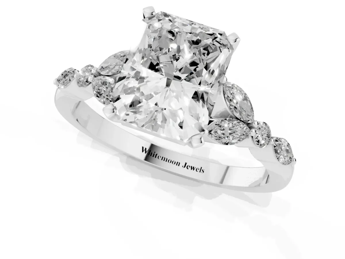 Radiant Cut Diamond Solitaire Ring with Side Stones and Four-Prong Setting Silver