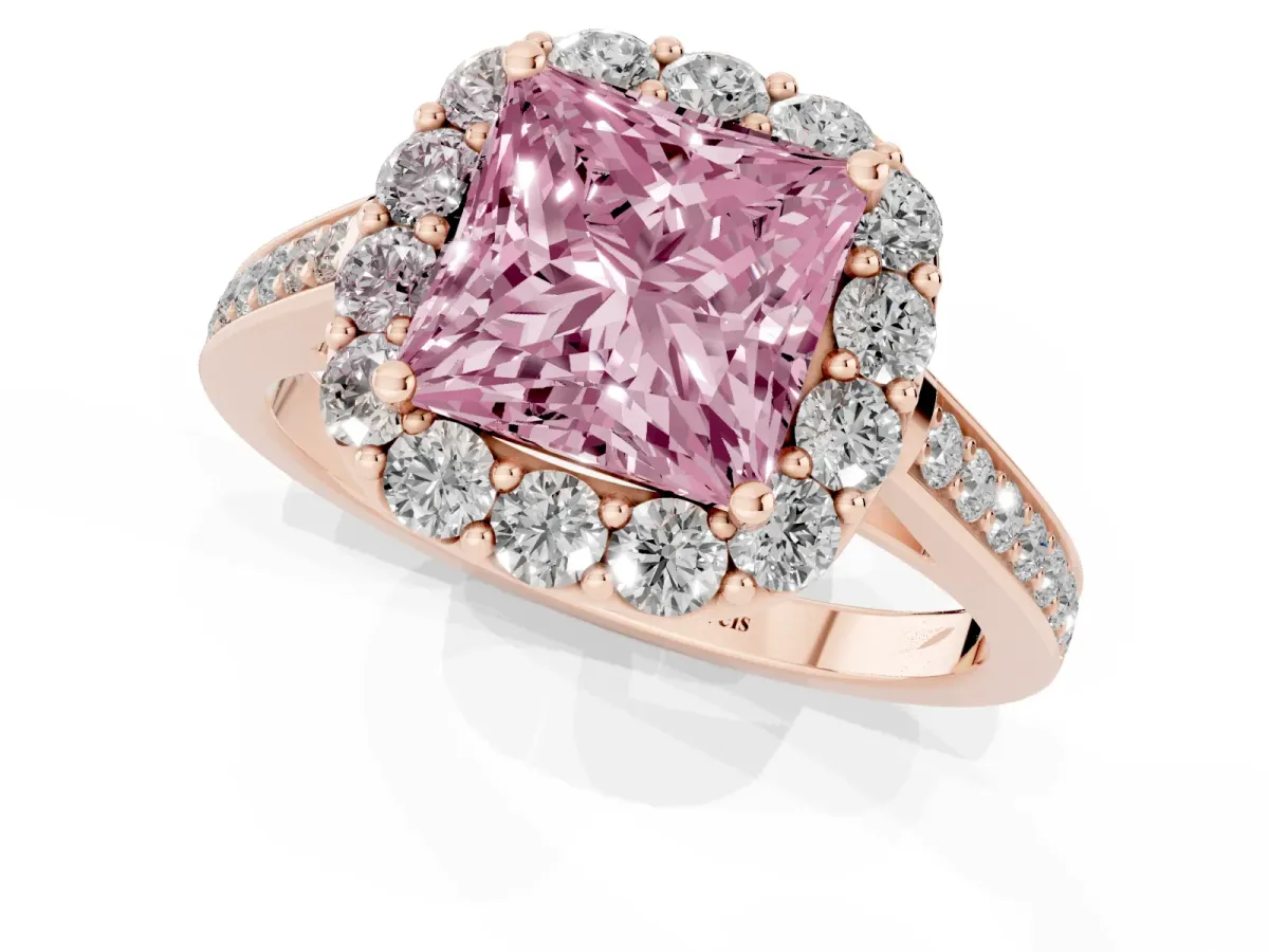 Fancy Pink Princess Cut Diamond Floral Halo Ring with Pavé Band and Prong Setting Rose gold