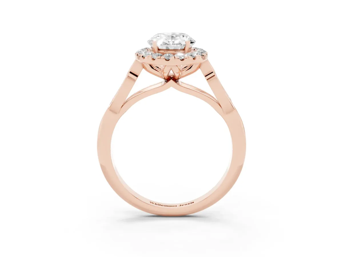 Oval Cut Halo Diamond Engagement Ring with Filigree Band and Four-Prong Setting Rose gold