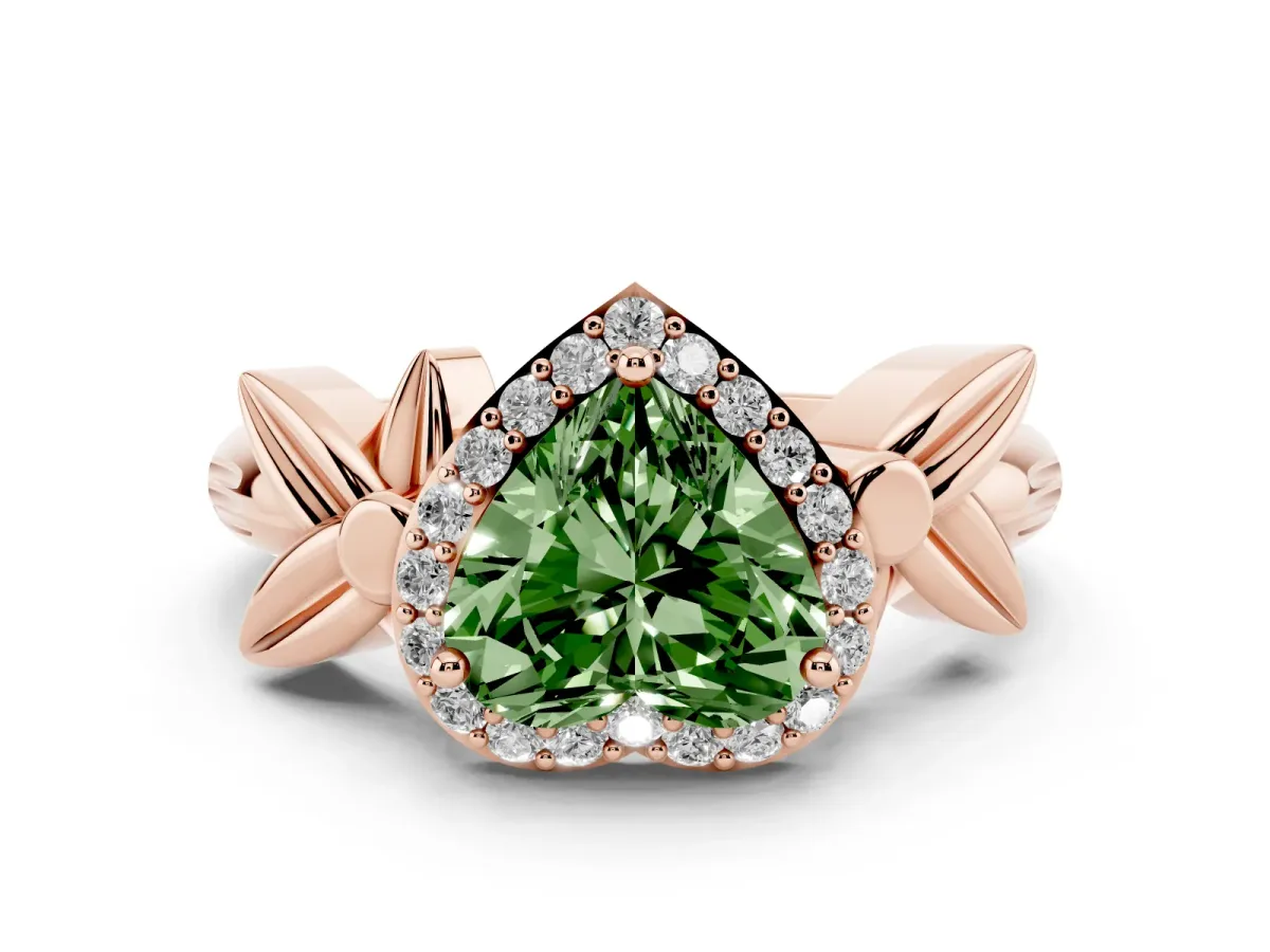 Fancy Green Heart Cut Halo Diamond Floral Band with Four-Prong Setting Rose gold