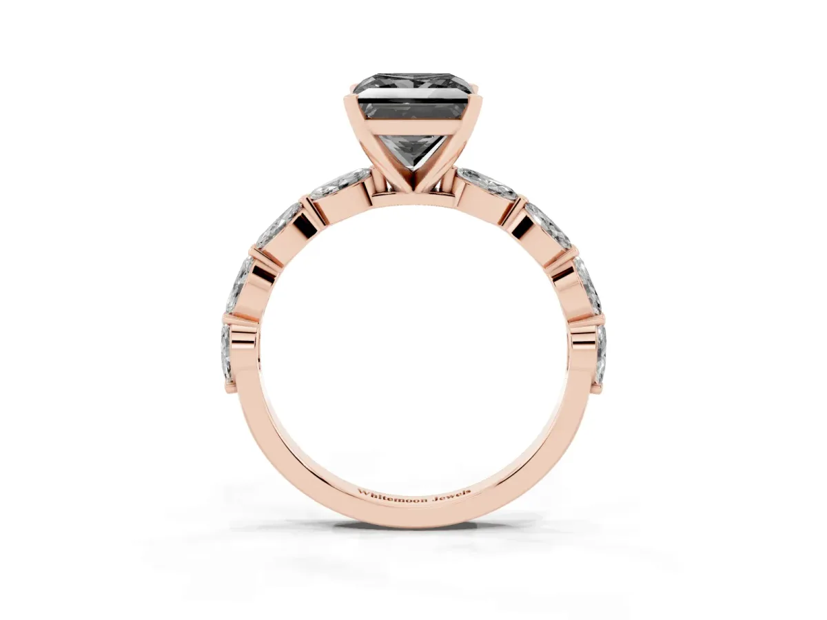 Fancy Black Princess Cut Diamond Ring with Marquise Side Stones and Prong Setting Rose gold