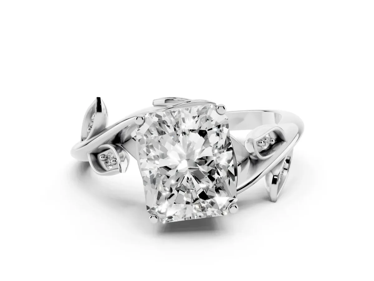 Radiant Cut Solitaire Twist Engagement Ring with Leaf Accents and Prong Setting Silver