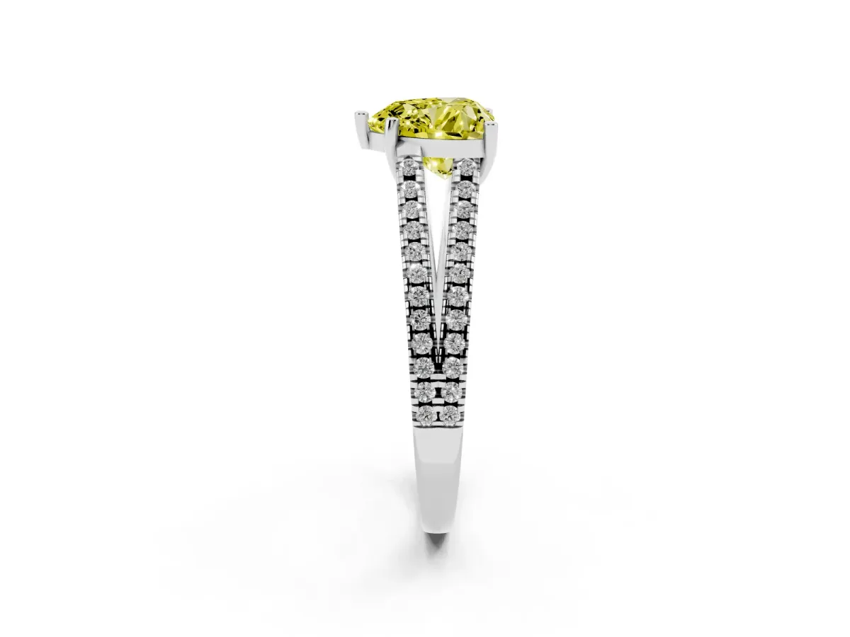 Fancy Yellow Heart Cut Diamond Solitaire Engagement Ring with Split Shank Pavé Band Silver