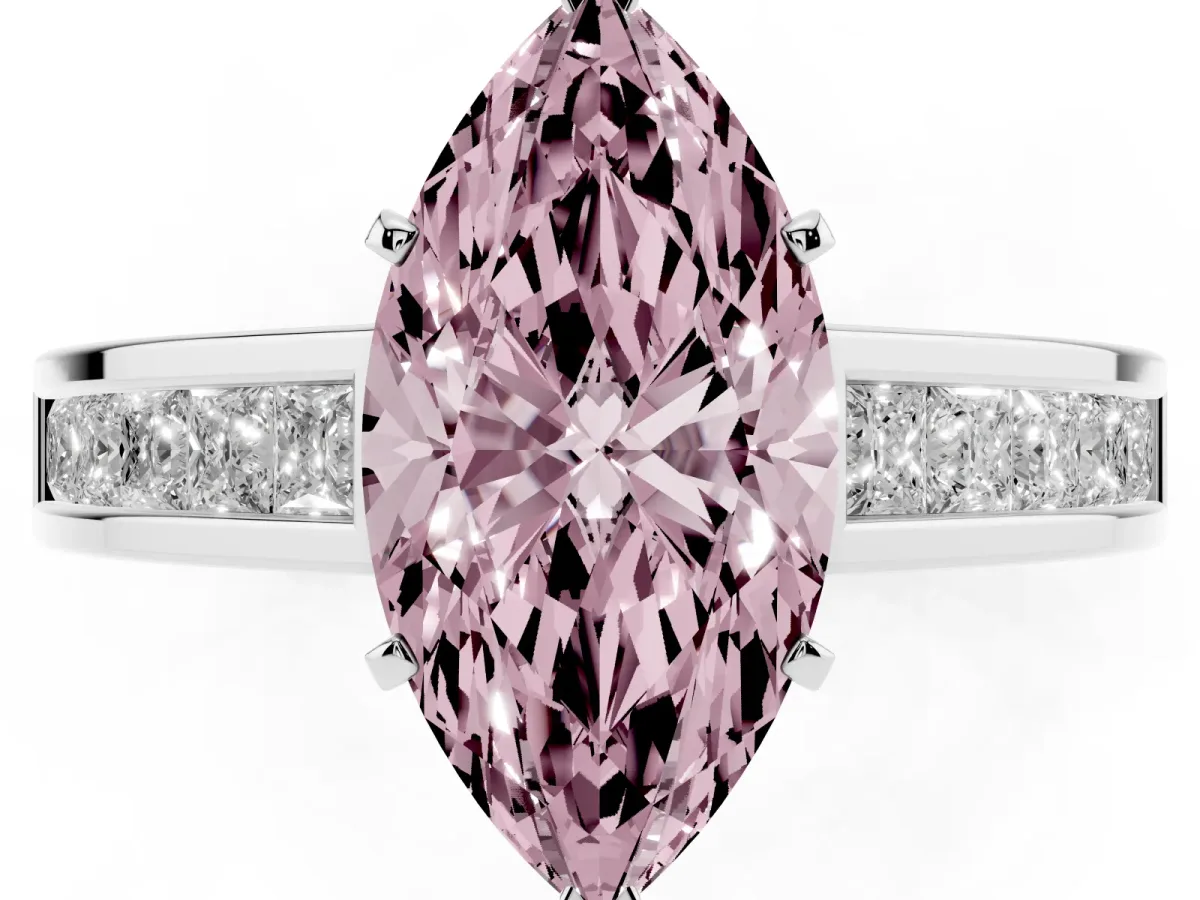Fancy Pink Marquise Cut Solitaire Diamond Ring with Channel-Set Band and Four-Prong Setting White gold