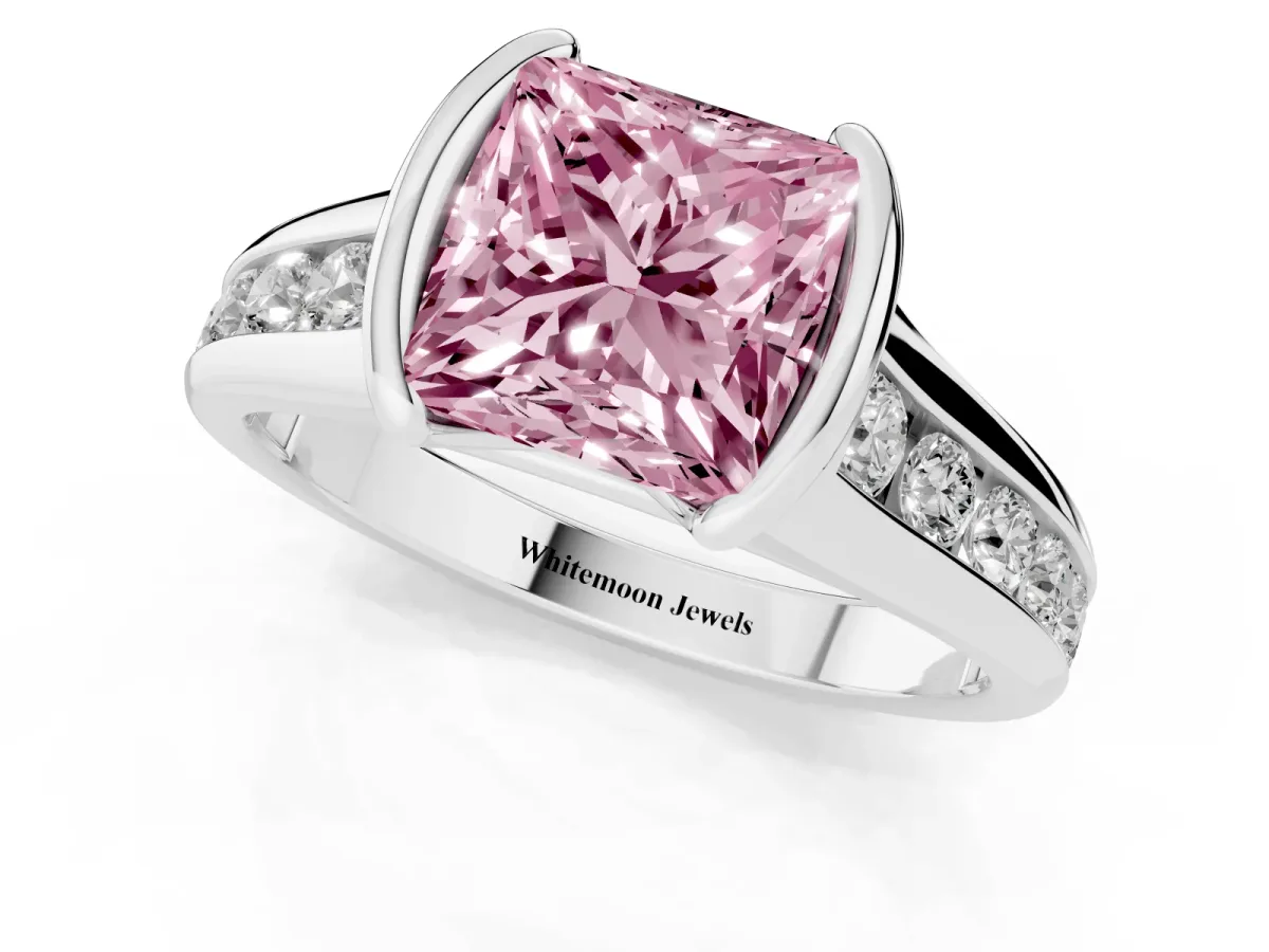 Fancy Pink Princess Cut Solitaire Bezel-Set Diamond Ring with Channel-Set Band Silver