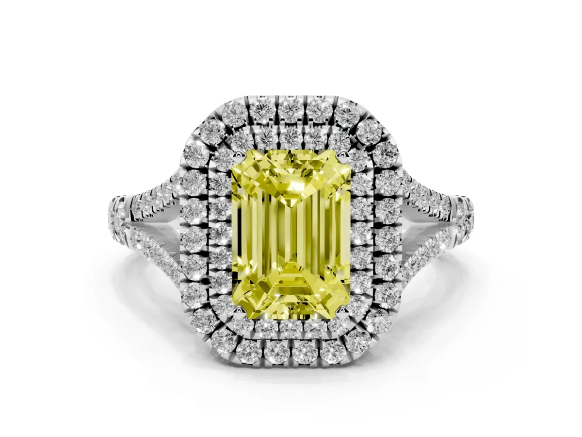 Fancy Yellow Emerald Cut Diamond Pavé Split Shank Double Halo Engagement Ring Platinum