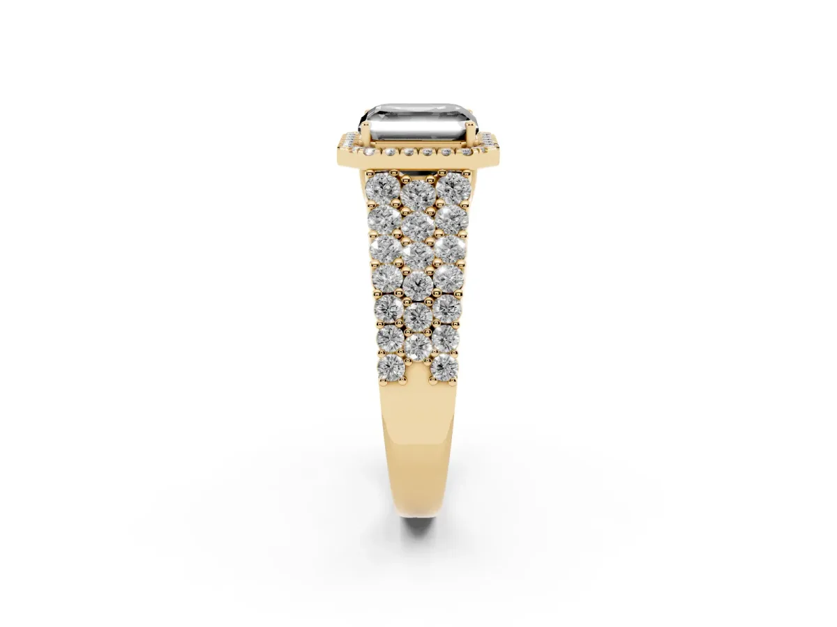 Fancy Black Asscher Cut Diamond Halo Engagement Ring with Triple Row Round Pavé Band and Prong Setting Yellow gold