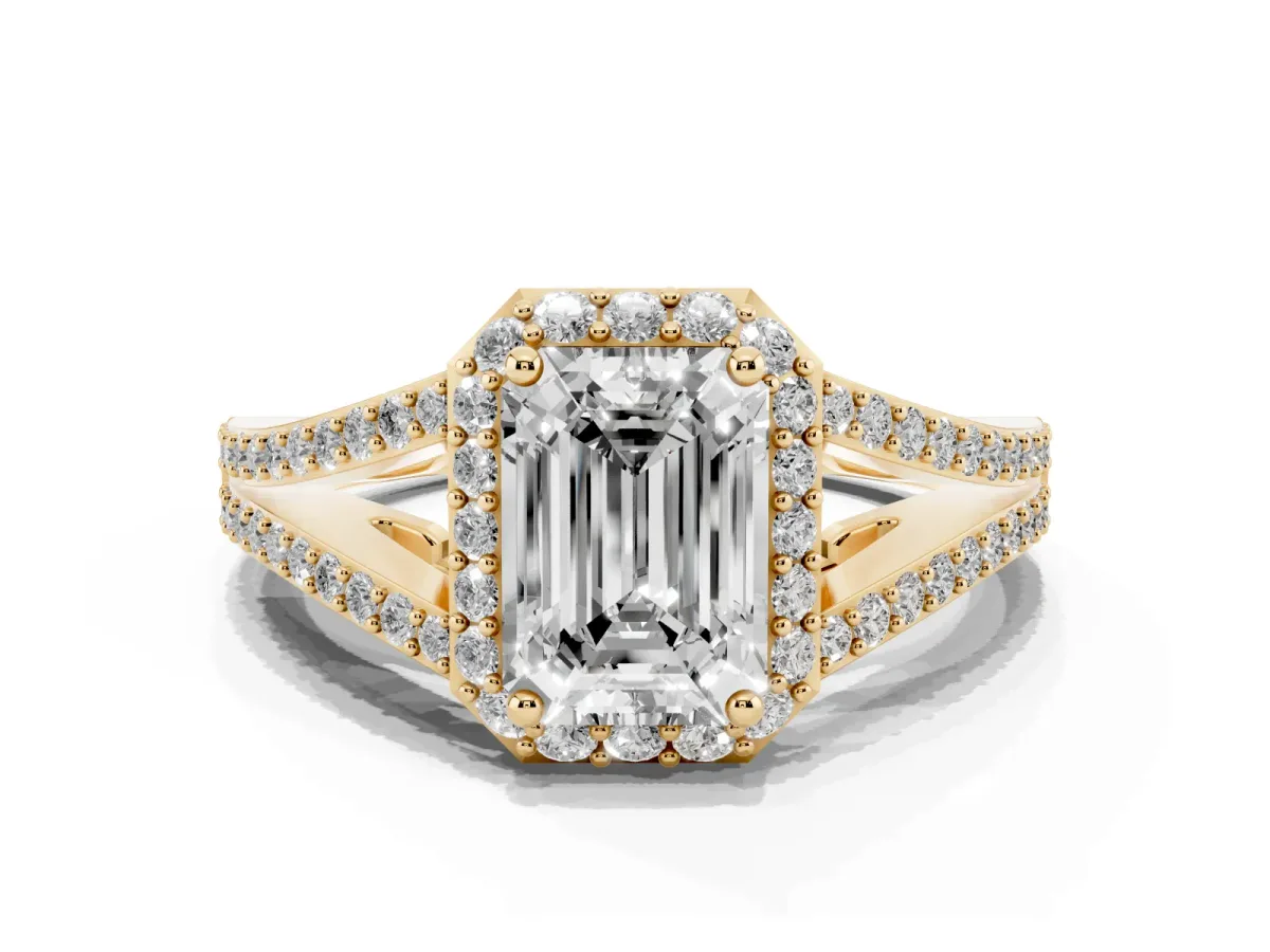 Emerald Cut Halo Split Shank Diamond Ring with Prong Setting Yellow gold