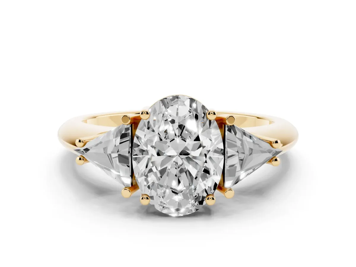 Three-Stone Oval Cut Diamond Engagement Ring with Trillion Side Stones and Prong Setting Yellow gold