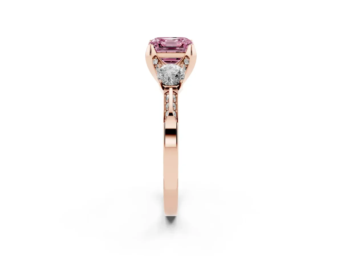 Fancy Pink Asscher Cut Brilliant Three-Stone Diamond Ring with Pavé Band and Four-Prong Setting Rose gold