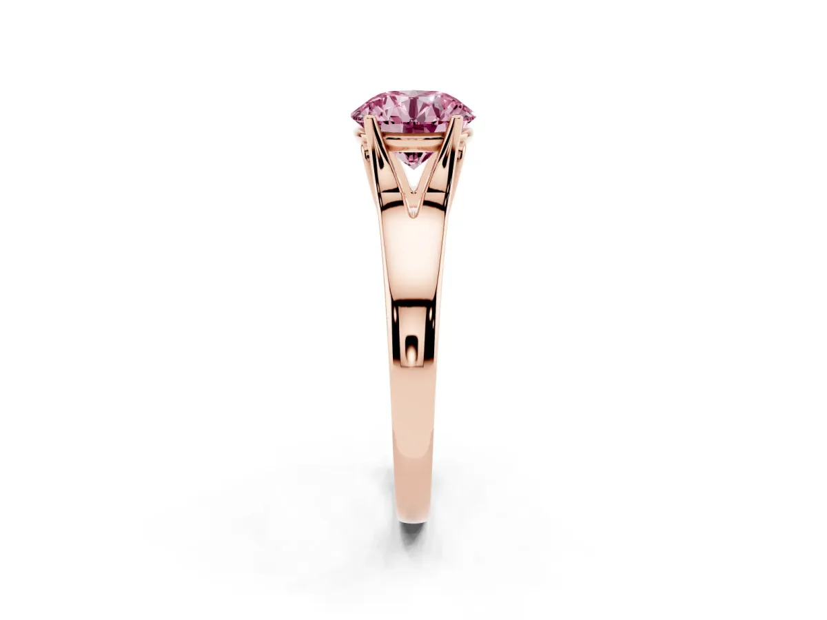 Fancy Pink Round Cut Solitaire Diamond Ring with Cathedral Band and Four-Prong Setting Rose gold